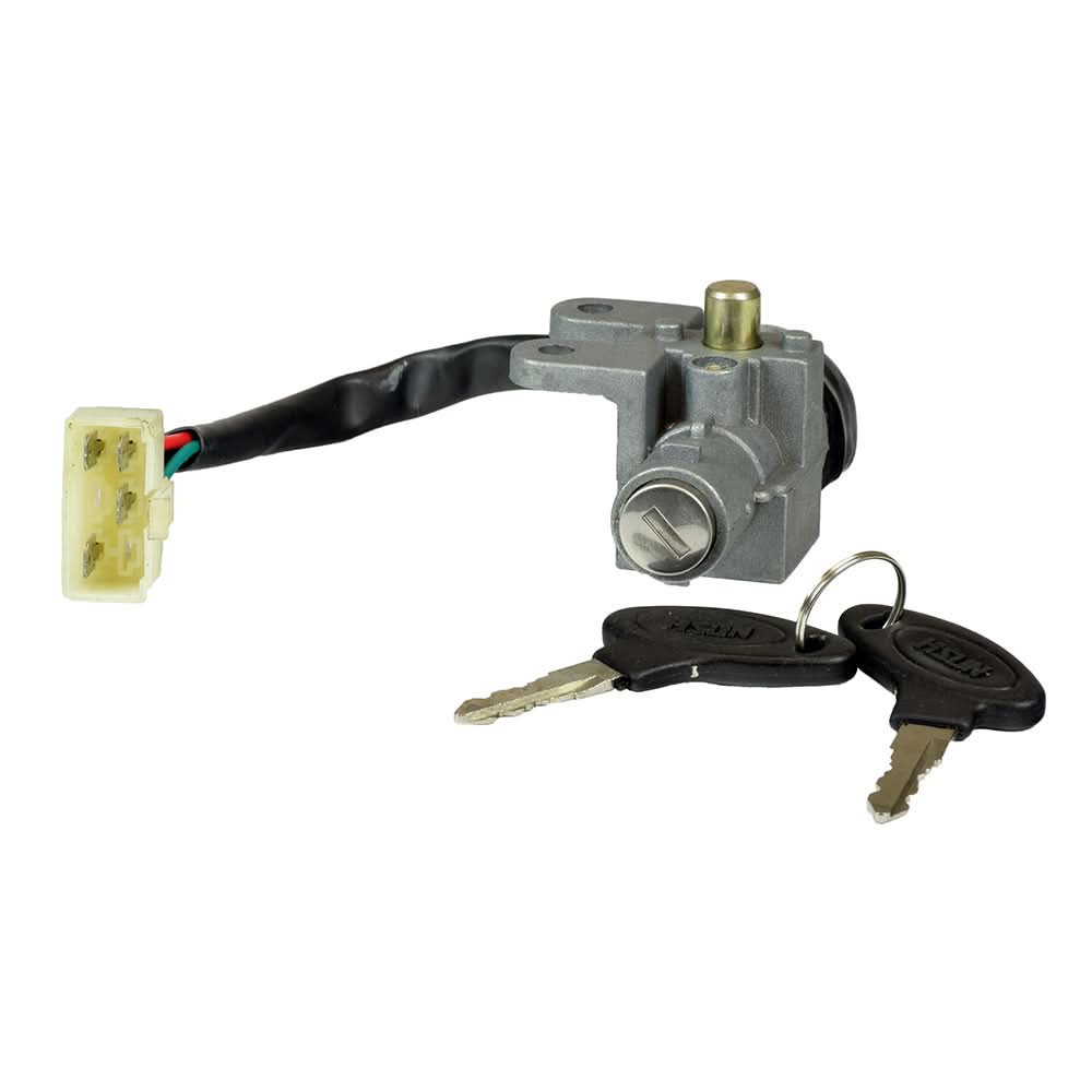 50cc, 125cc, and 150cc Scooter Ignition Module (Key Switch) Complete Assembly with Keys and 4 Pin Connector (Blemished), showing a close-up of the ignition/lock assembly, keys, and keychain.