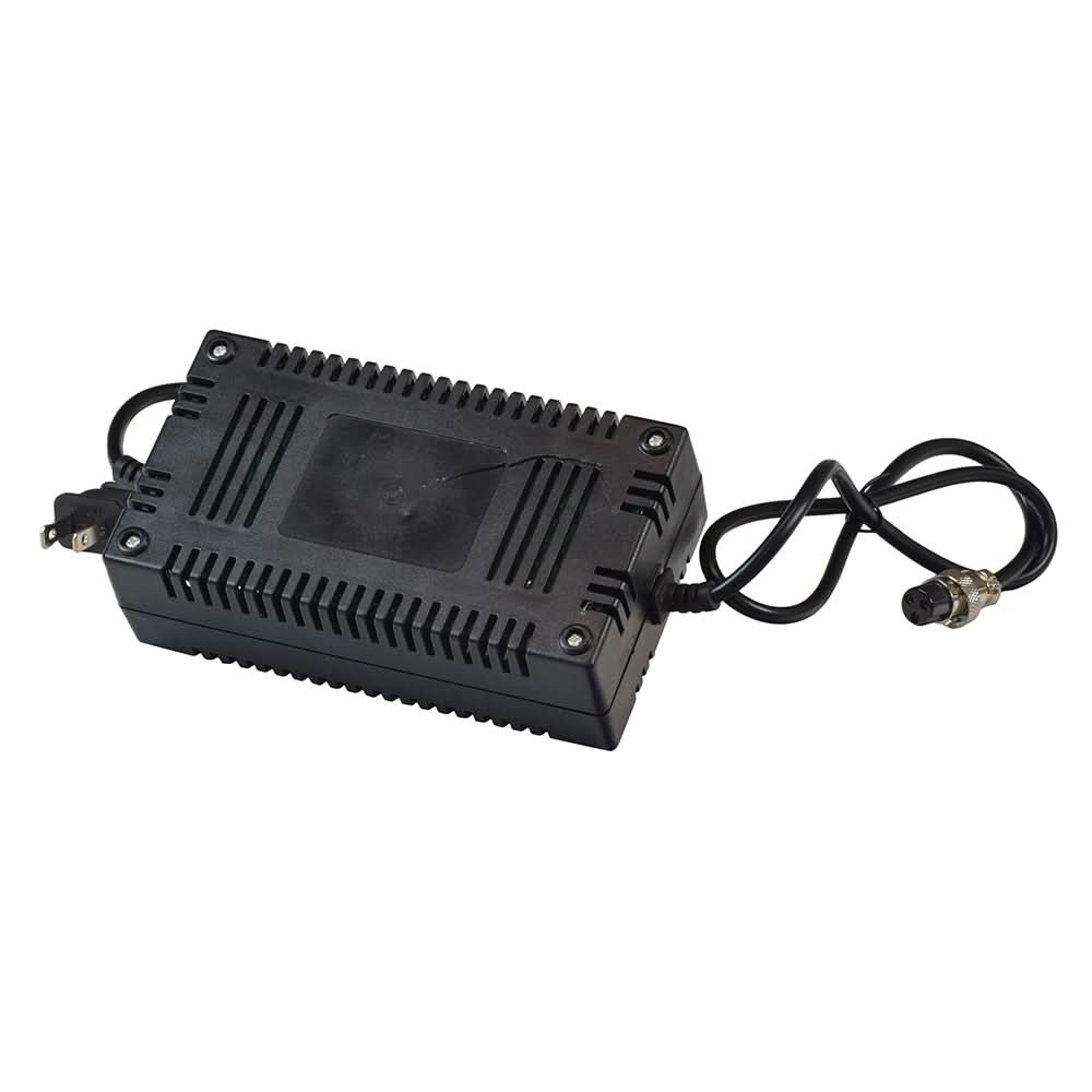 24 Volt 1.6 Amp 3-Prong Battery Charger (Blemished) with visible wires and a small crack in the plastic case, sitting on a grey surface.