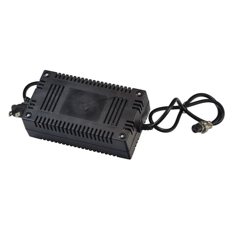 24 Volt 1.6 Amp 3-Prong Battery Charger (Blemished) with visible wires and a small crack in the plastic case, sitting on a grey surface.