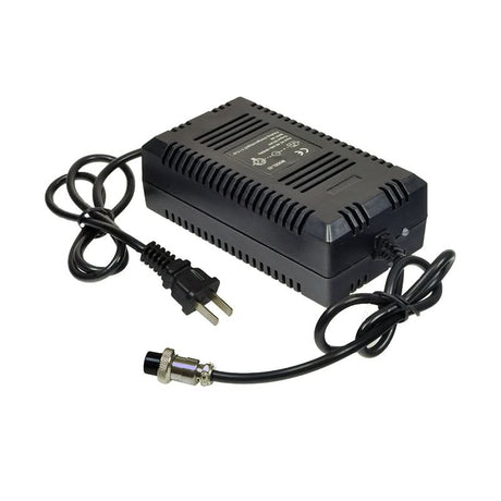 24 Volt 1.6 Amp 3-Prong Battery Charger (Blemished) with a visible cord, a minor crack in the bottom plastic case, and LED lights indicating charge status.