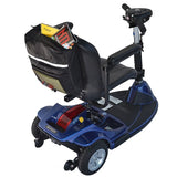 Seat Back Case with External Pockets for Mobility Scooters, Power Chairs, & Wheelchairs, shown on a blue scooter with a large pouch and extra pockets for small items.
