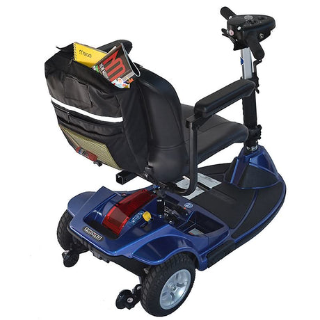Seat Back Case with External Pockets for Mobility Scooters, Power Chairs, & Wheelchairs, shown on a blue scooter with a large pouch and extra pockets for small items.
