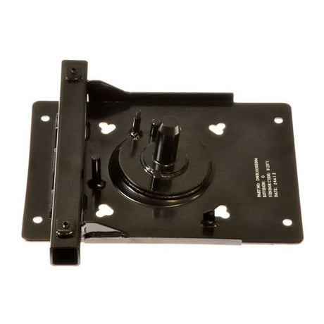 Seat Base with Leg Rest Receiver for Jet Power Chairs, featuring a black metal plate with holes and a screw; does not include the lever. Ideal for various Jazzy and Jet power chair models.