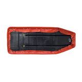 Seat for the Motovox MBX10 Mini Bike featuring a red and black design, with stitched edges, and a central circular emblem.