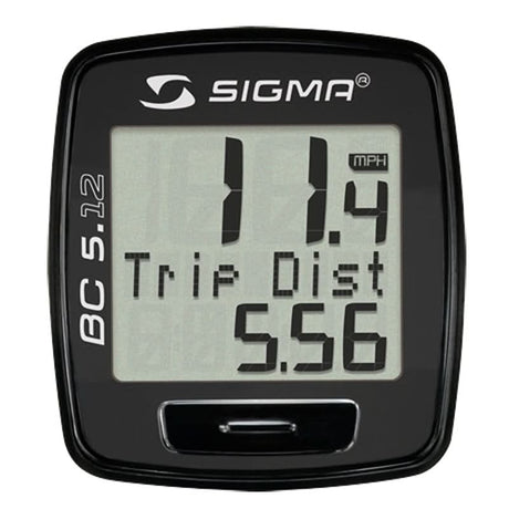 Sigma BC 5.12 Wired Bike Computer with a digital screen displaying multiple vehicles, featuring current speed, trip distance, total distance, trip time, and clock functions.