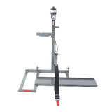 Pride Silver Star Power Tote Mini PT-150 Scooter Lift featuring a black strap attached to a grey metal frame, designed for transporting small travel scooters and wheelchairs.
