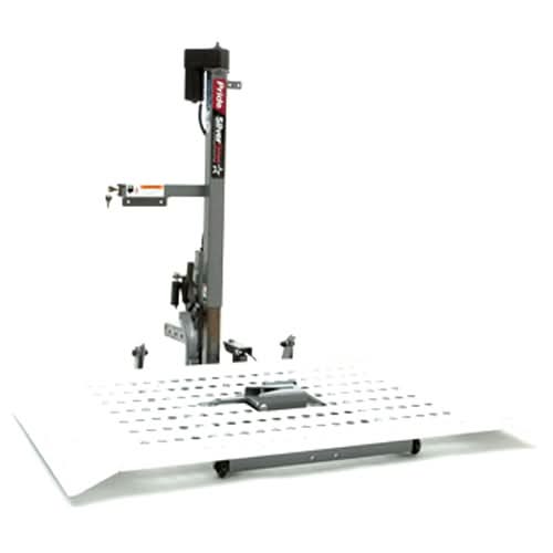 Pride Outlander Full Platform Scooter and Power Chair Lift with Power Dock, featuring a sleek white steel frame with visible wheel chocks and platform, emphasizing its robust build and advanced locking system.