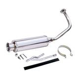 Stainless Steel Exhaust Pipe for the Honda Ruckus (NPS50) by NCY, featuring a sleek silver muffler with a black strap and visible screws, designed for performance enhancement.