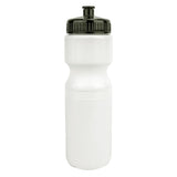Sunlite Water Bottle in white plastic with a black cap, showcasing a cylindrical design. Ideal for cyclists and hikers, it fits most carrier cages and is biodegradable, BPA-free, and easy to squeeze.