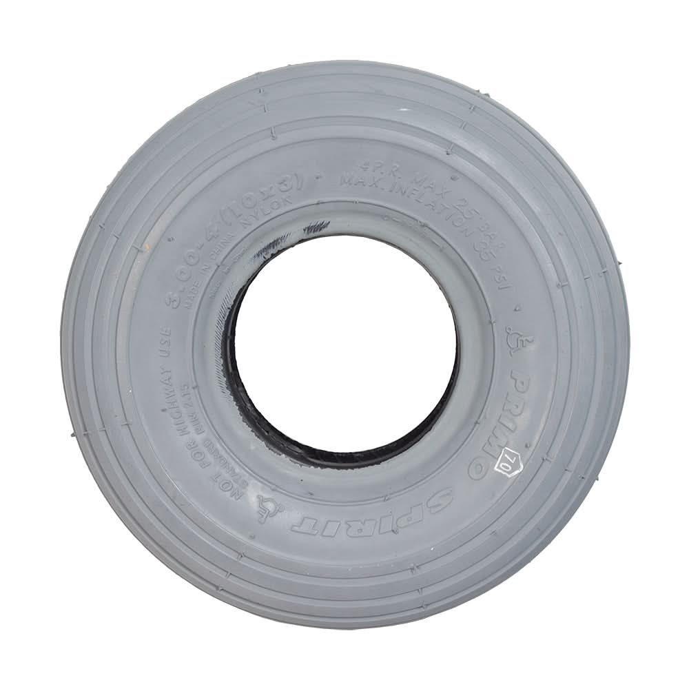 3.00-4 (10x3) Mobility Tire and Inner Tube Set with Ribbed Tread, featuring a close-up of the gray tire with a hole in the middle and logo details.