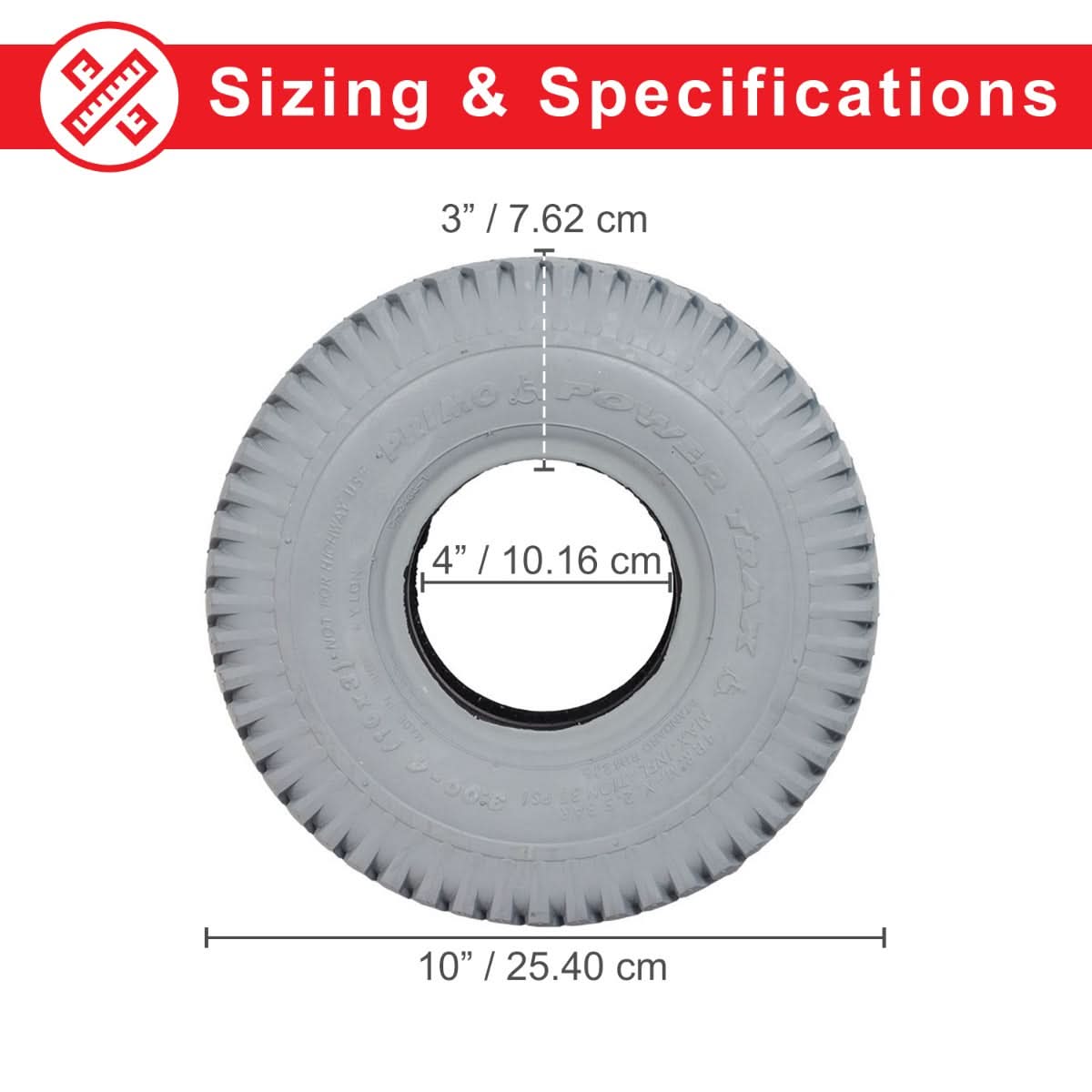 3.00-4 (10x3) Mobility Tire and Inner Tube Set with Knobby Tread, featuring a tire size chart and measurements for accuracy, showing a gray tire with a thick knobby tread pattern.