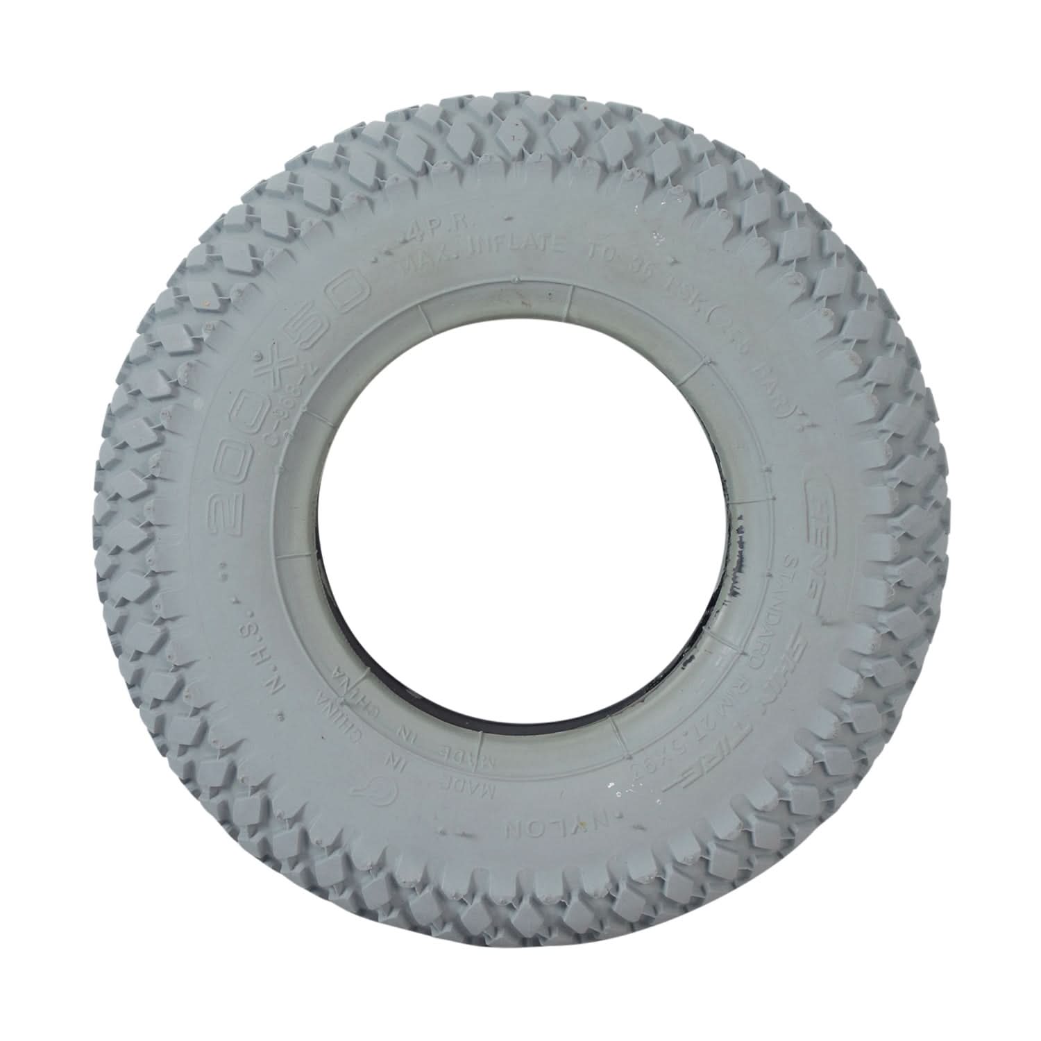 8x2 (200x50) Mobility Tire and Tube Set with Knobby Tread, showing a white tire with a central hole, designed for mobility scooters and power chairs, featuring durable, non-marking gray rubber.