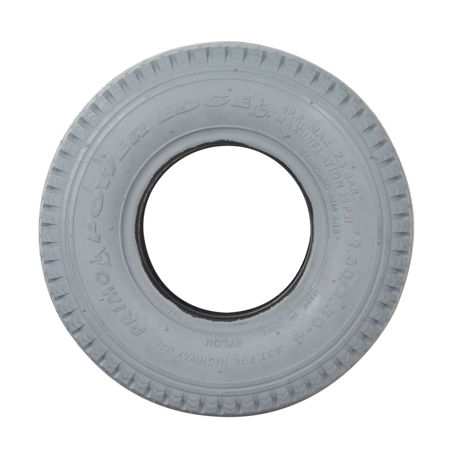 2.80/2.50-4 (9x3) Pneumatic Mobility Tire with C178G Power Edge Sawtooth Tread, featuring a white tire with a black rim and a circular hole in the center, ideal for smoother rides.
