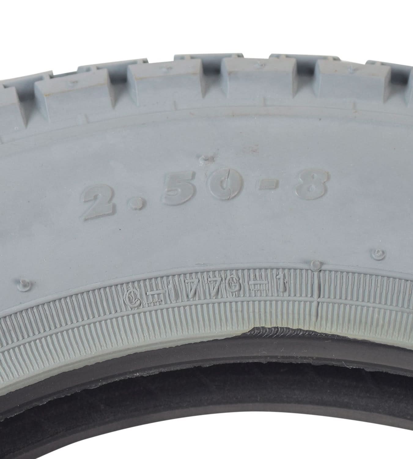 Close-up of the 2.50-8 Pneumatic Mobility Tire with C177G Power Plant Tread, highlighting the detailed knobby tread pattern and tire structure.