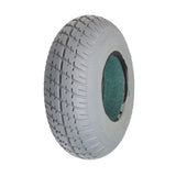 Close-up of a 9x3 (2.80/2.50-4) foam-filled mobility tire with Durotrap C9210 tread, showcasing the smooth profile and in-cut grooves for superior grip and efficient water dispersal.