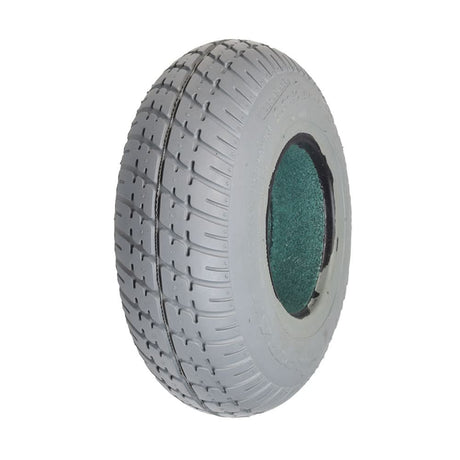 Close-up of a 9x3 (2.80/2.50-4) foam-filled mobility tire with Durotrap C9210 tread, showcasing the smooth profile and in-cut grooves for superior grip and efficient water dispersal.