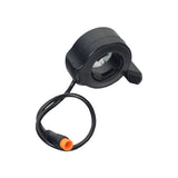Thumb Throttle for HeyBike Electric Bikes showing a black circular device with a handle and attached black cord, designed for better grip and includes a 9-3/8 wiring harness and 3-prong connector.
