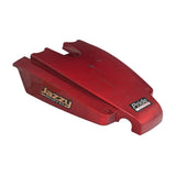 Battery Cover Shroud for the Jazzy Select, Select 6, and Select 6 Ultra (Candy Apple Red) (Used) featuring a close-up of the logo on a sleek red plastic surface.