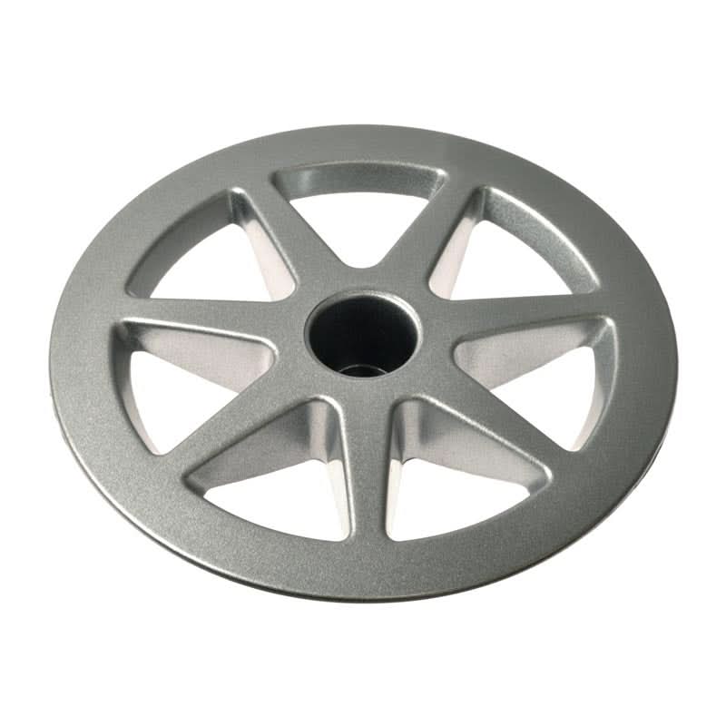 Hubcap for the Jazzy Select (Used) – a close-up of a silver wheel with a central hole, exhibiting very minor scratches, suitable for replacing a missing cap on Select power chairs.