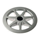 Hubcap for the Jazzy Select (Used) – a close-up of a silver wheel with a central hole, exhibiting very minor scratches, suitable for replacing a missing cap on Select power chairs.
