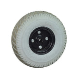 3.00-4 (10x3, 260x85) Flat-Free Drive Wheel Assembly for Jazzy Select, Select 6, and Select GT Power Chairs (Used), featuring a black steel dish rim, Primo 3.00-4 tire, and bolts on the back.