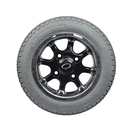 Drive Wheel Assembly for the Quickie Pulse 6 (Used) featuring a black Primo 2.50-8 tire with C177G Power Plant Knobby tread and a slightly scratched chromed rim.