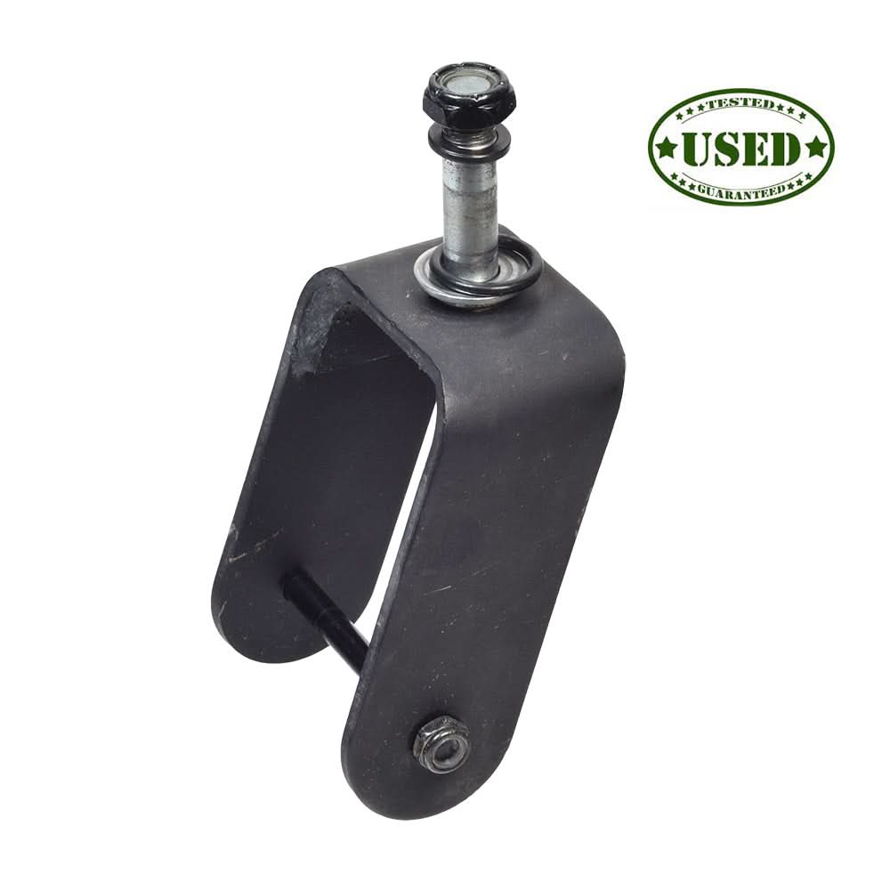 Caster Fork for Jazzy Select (Used) featuring a black metal fork and stem assembly with an attached screw, axle bolt, and nut.