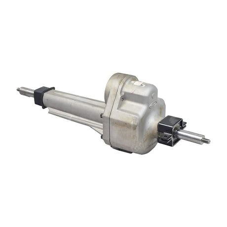 Transaxle for the CTM HS-320 (Used) with a black handle and silver metal casing. The close-up image highlights the gently used condition with slight discoloration, excluding motor, brake assemblies, and most hardware.