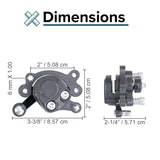 Brake Caliper with Left Arm for Scooters (Standard) shown in a detailed diagram, featuring small screws and brake pads pre-installed, used on specific scooter models.