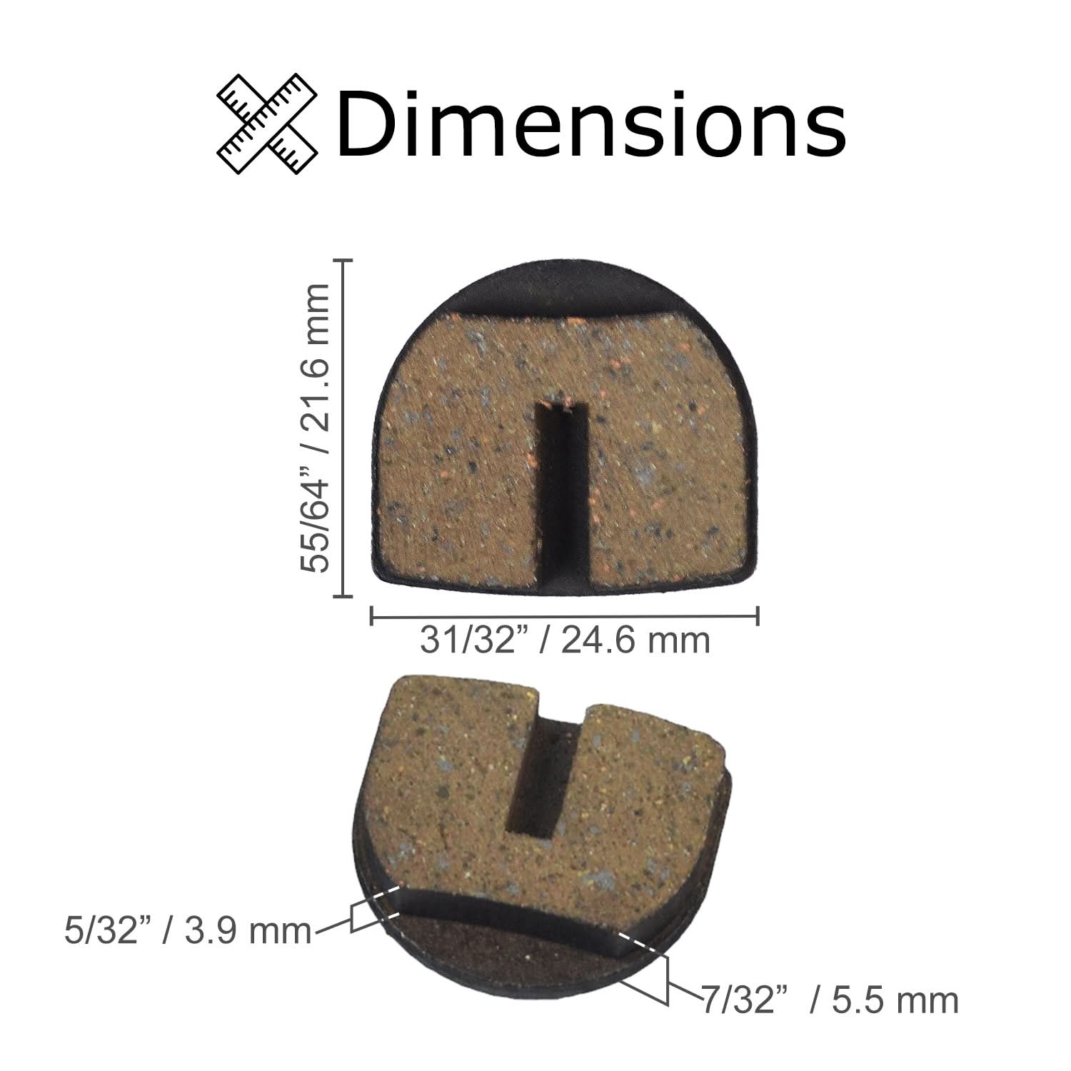Rounded Brake Pads for Standard & YK2 Flame Calipers (Set of 2): Diagram showing a pair of sintered brake pads with copper flecks, highlighting their rounded shape and comparison with other brake pads.