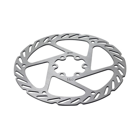 Close-up of a 160 mm Disc Brake Rotor for Swagtron SwagCycle Electric Bikes, showcasing the circular design and mounting holes, essential for replacing the factory-installed brake disc on front or rear wheel assemblies.