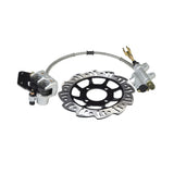 Rear Foot Brake, Disc, Pads, & Master Cylinder Assembly for 110cc & 125cc Dirt Bikes, showing a close-up of a metal brake disc with holes, attached cable, and surrounding brake system components.