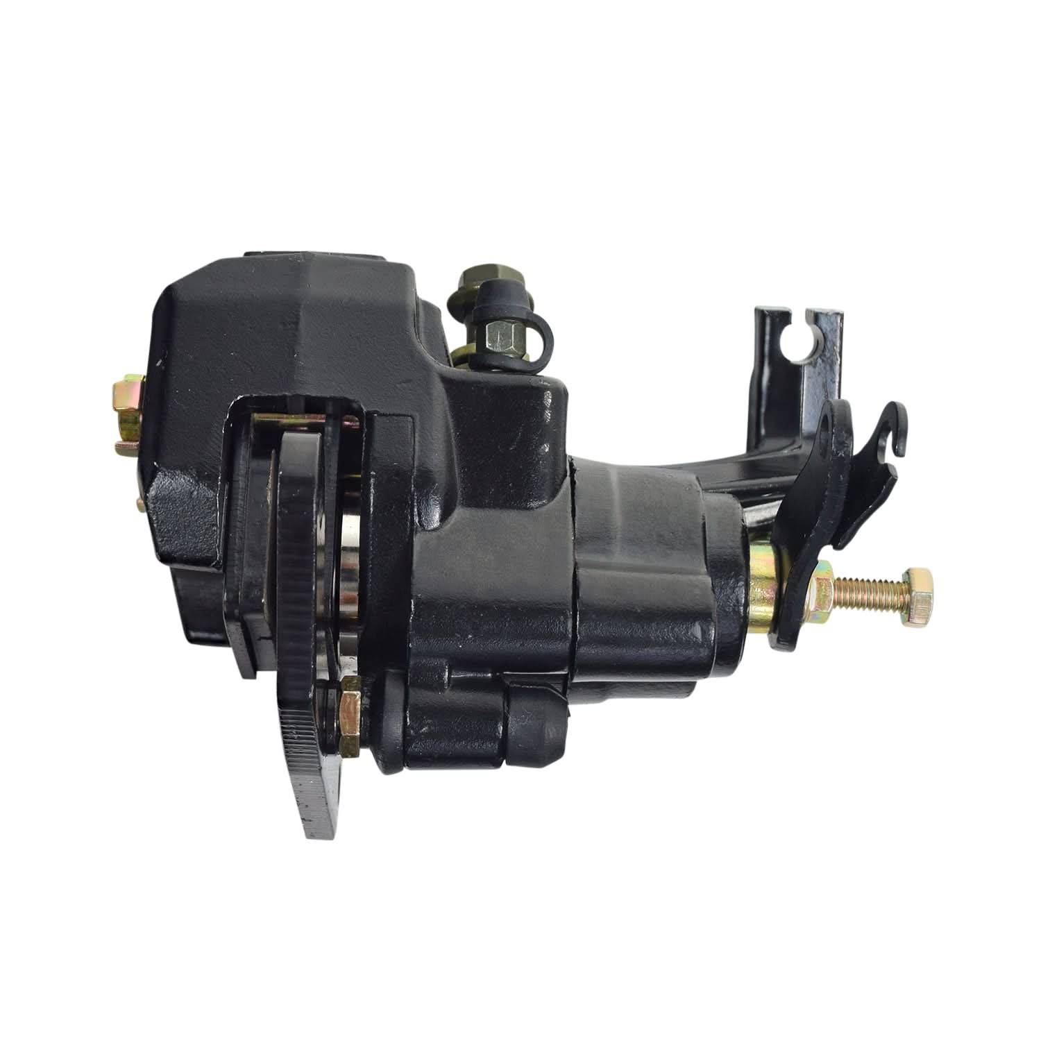 Rear Brake Caliper for 150cc Kandi Go-Karts & Dune Buggies (Blemished), featuring a black mechanical device with a screw, a metal wheel, and visible brake pads, optimized for 150cc go-kart designs.