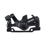 Coreride Brake Caliper for Electric Scooters & Bikes: A close-up of a black metal brake caliper with white text, featuring a visible screw and lever, designed for smooth stopping on electric scooters and bikes.