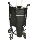 Universal Crutch Holder for Wheelchairs attached behind push-handles, featuring a hook and loop strap for securing crutches. Made from durable, soft, water-resistant polyester, fits most wheelchairs.