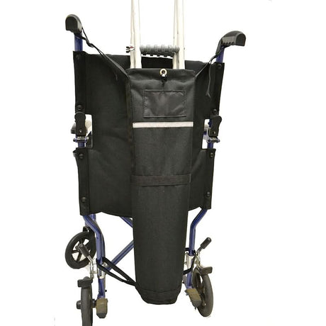 Universal Crutch Holder for Wheelchairs attached behind push-handles, featuring a hook and loop strap for securing crutches. Made from durable, soft, water-resistant polyester, fits most wheelchairs.