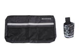 Deluxe Walker/Rollator Bag & Cup Holder Combination featuring a black bag with a grey stripe, mesh pockets, and universal mount cup holder, designed for easy attachment to mobility aids.