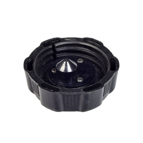Vented Gas Cap for 110cc, 125cc, & 150cc Go-Karts, Dune Buggies, & ATVs; a black circular object with a metal center and tip.