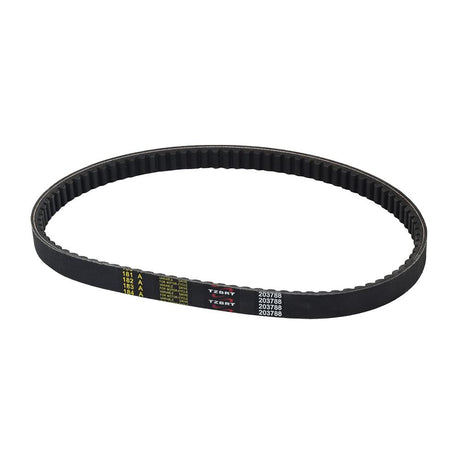 203788 Go-Kart Torque Converter Symmetric Belt (Comet Series 40 Replacement) showing black material with yellow writing, designed for go-karts like Yerf-Dog and Hammerhead, compatible with 9-3/4 pulley distance torque converters.