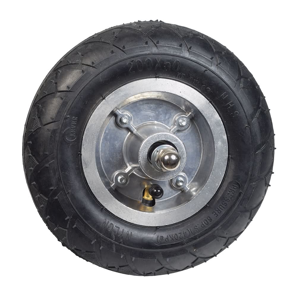 Front Wheel Assembly for the Razor Crazy Cart XL, showing a close-up of the metal rim, hub, and sprocket, with a 200x50 pneumatic tire and angled valve stem prominently visible.