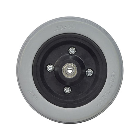6x2 (150x50) Universal Anti-Tip & Caster Wheel featuring a solid gray, ribbed tread tire on a split-rim with pre-installed spacer and 608Z bearings for power chair models like Jazzy 614.