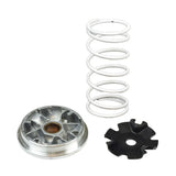Variator for Kymco 50cc GY6 Scooters featuring a metal object with a white coil spring, pressure spring, slides, roller weights, pressure plate, and drive face visible in close-up.
