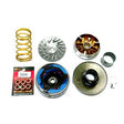 Super Variator Transmission Set featuring various ultralight metal components, including a circular variator, outer drive face, racing clutch, and clutch bell, designed to enhance scooter performance, especially for Genuine Buddy 125/150.