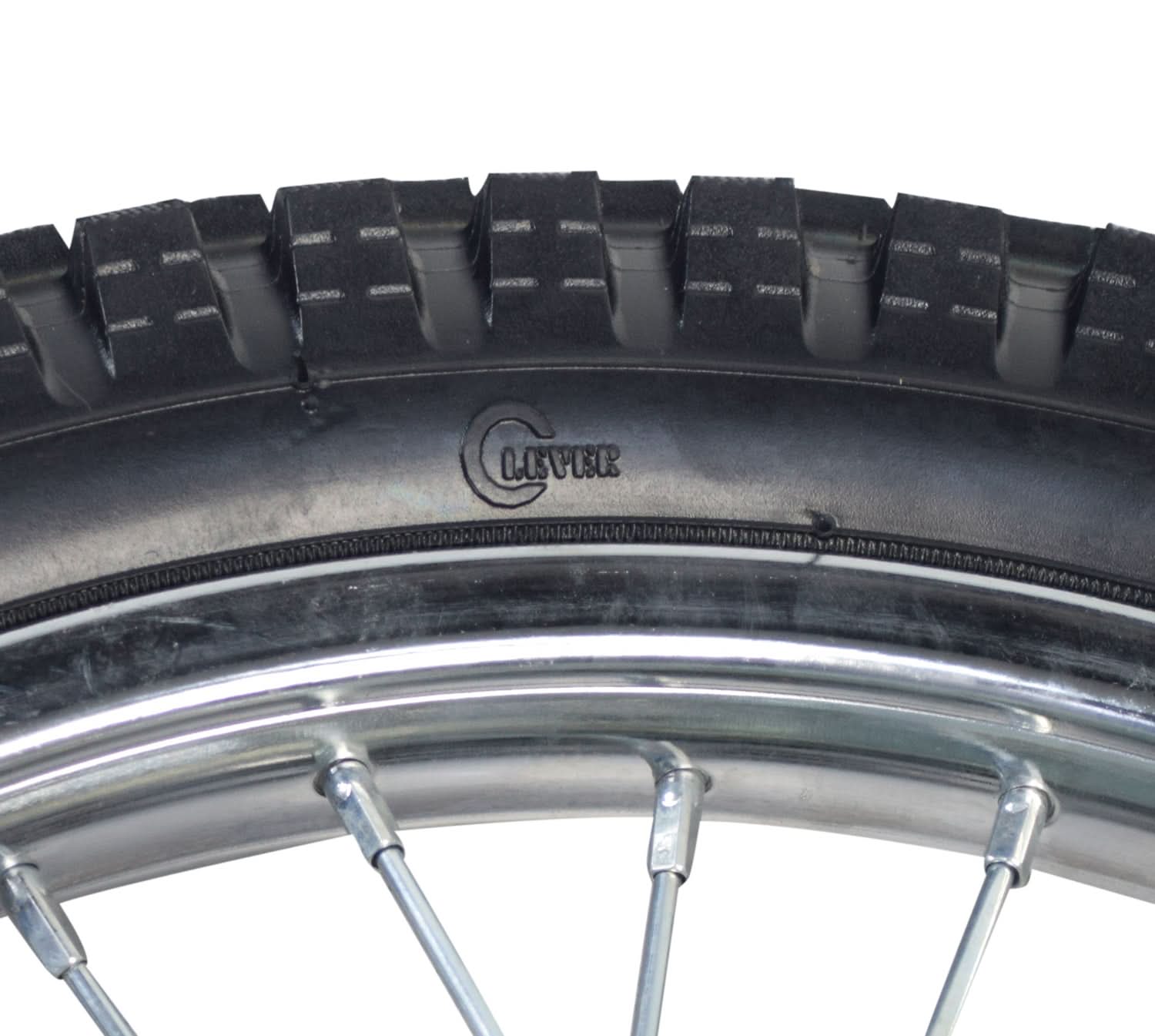 Close-up of the Front Wheel Assembly for Razor MX500 and MX650 Dirt Rocket, featuring a knobby tire, wire spoke wheel, and visible 160 mm disc brake rotor.