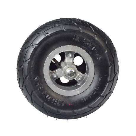 3.00-4 Rear Wheel Assembly for eZip and IZIP 400 Series Scooters featuring a black tire with a silver rim, including tube, sprocket, bearings, and axle.