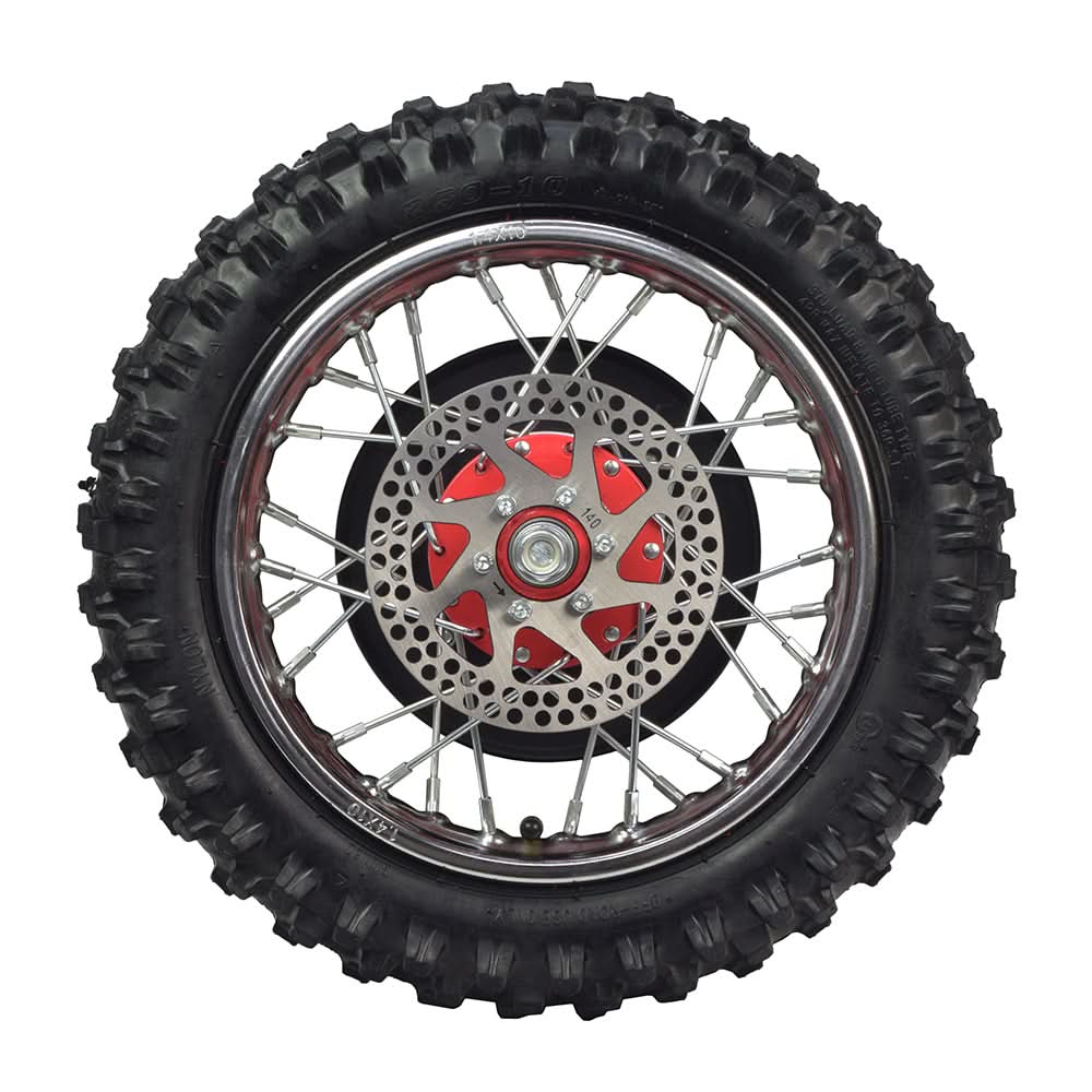Red Rear Wheel Assembly for the Razor SX500 McGrath Dirt Rocket, featuring a knobby tire, red rim, tube, and 140 mm brake disc. Note: Axle not included.