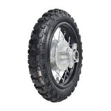 10 (2.50-10) Rear Rim & Tire Wheel Assembly for Dirt Bikes: A close-up of a black tire with silver spokes, designed for 50cc to 110cc engines.