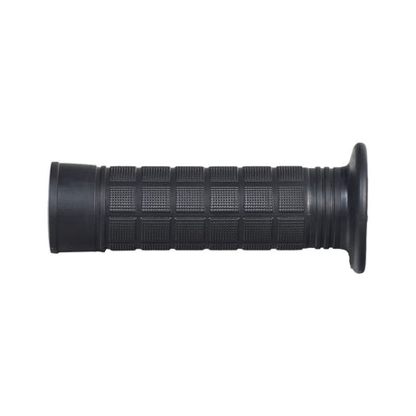 Left Handlebar Grip for the Coleman RB200 212cc Mini Bike Mini Bike with textured, square-patterned black rubber surface and flange, providing enhanced grip for offroad riding.