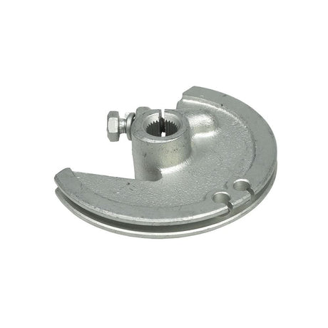 Cable Guide Shift Control Disc for Go-Kart Reverse Gearbox Transmissions, a close-up of a metal object with a nut and visible gears, highlighting the durable cast and machined metal construction.