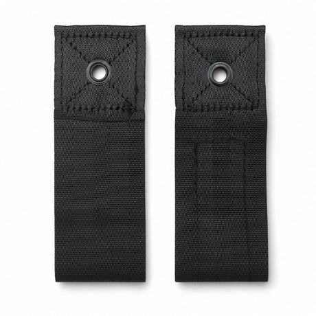 Two black wheelchair positioning belt mounting tabs with metal grommets (7/16" hole) and X-stitched webbing for bolting to the seat frame